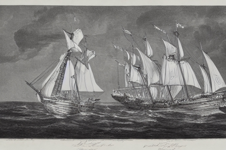 AI greyscale image of tallships at sea.